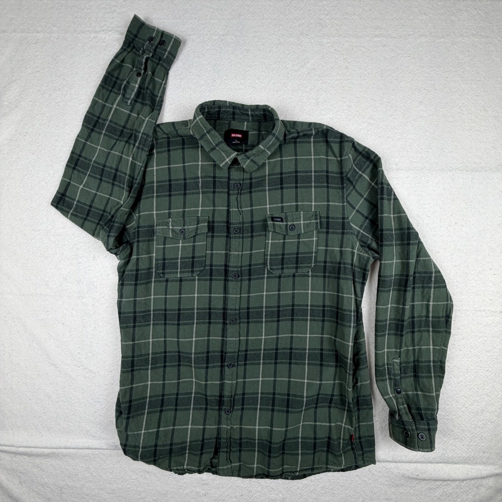 Globe Mens Flannel Shirt Green Black Plaid Long Sleeve Cotton Skate Size L